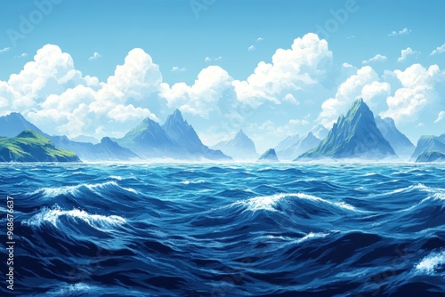 Wallpaper Mural Pixelated 16-Bit Ocean Adventure: Serene RPG Exploration Scene with Islands and Waves in Retro Style Torontodigital.ca