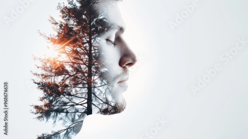 Double exposure image featuring a man's face intertwined with a majestic tree, emphasizing the connection between human life and nature, sharp focus, dramatic contrasts, vivid and lifelike