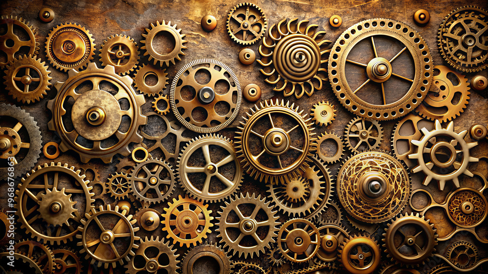 An elaborate layout features various bronze gears and cogs carefully arranged against a rustic backdrop. This artwork highlights the beauty of mechanical design and engineering aesthetics An elaborate layout features various bronze gears and cogs carefully arranged against a rustic backdrop. This artwork highlights the beauty of mechanical design and engineering aesthetics