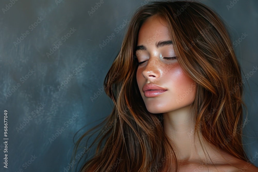A young woman with long brown hair and closed eyes, her skin glowing in the light. A young woman with long brown hair and closed eyes, her skin glowing in the light.