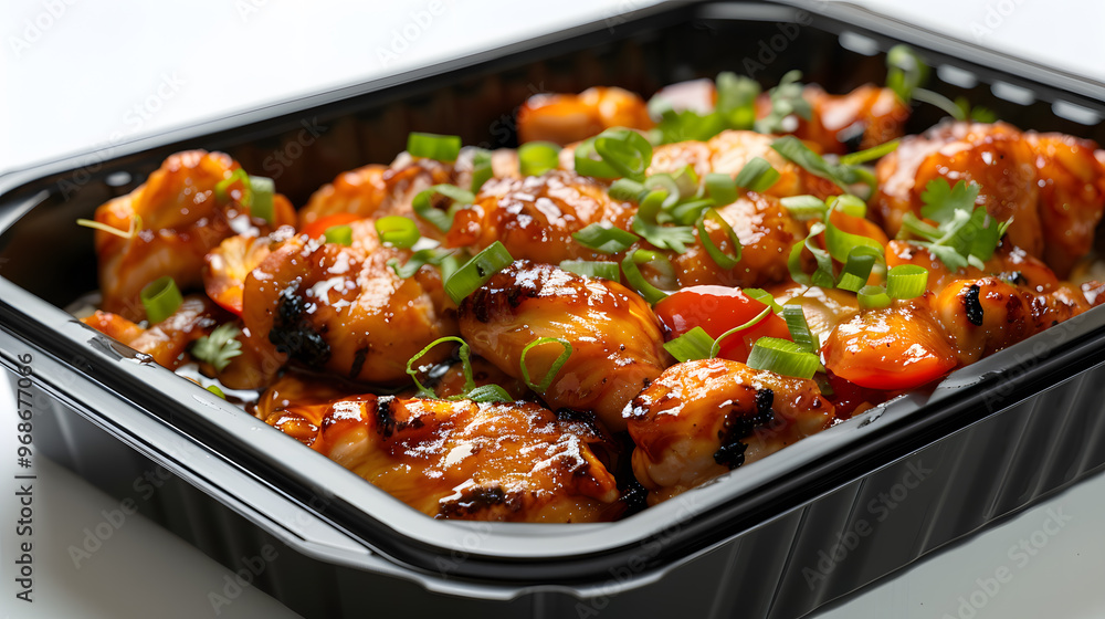 Black plastic rectangular container of Thai food isolated white background Black plastic rectangular container of Thai food isolated white background