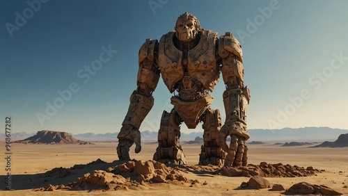 An ancient colossus standing in the desert, half-buried in sand, set against an endless desert and clear blue sky backdrop.