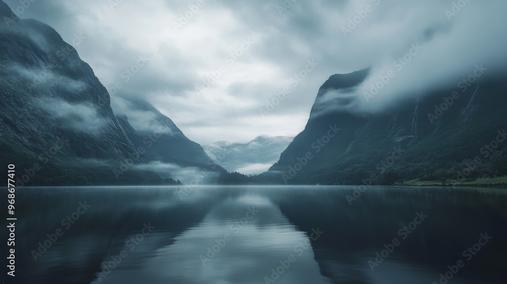 Fototapeta premium Serene mountain lake with misty peaks and