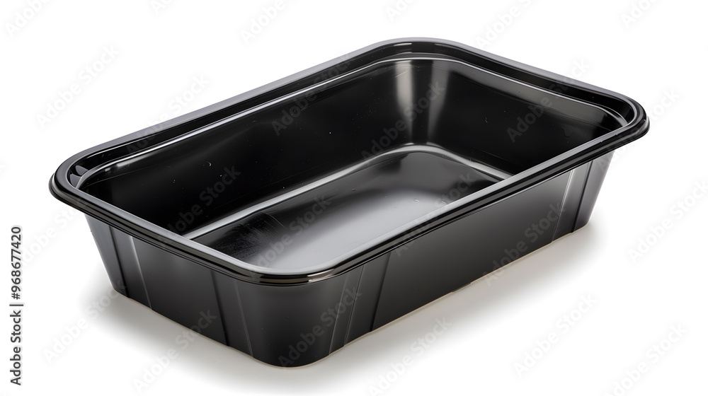 Black plastic rectangular container of Thai food isolated white background Black plastic rectangular container of Thai food isolated white background