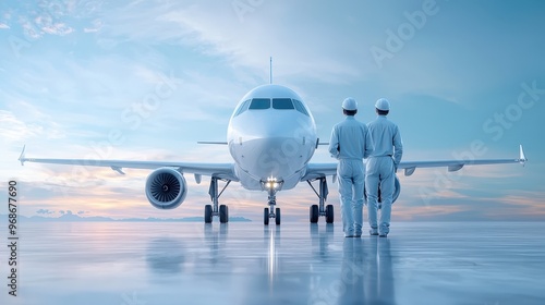 Crew members conducting a pre-flight inspection of an aircraft photo