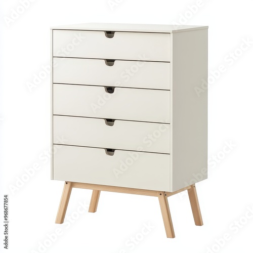 A modern white dresser with five drawers and wooden legs for storage and organization.