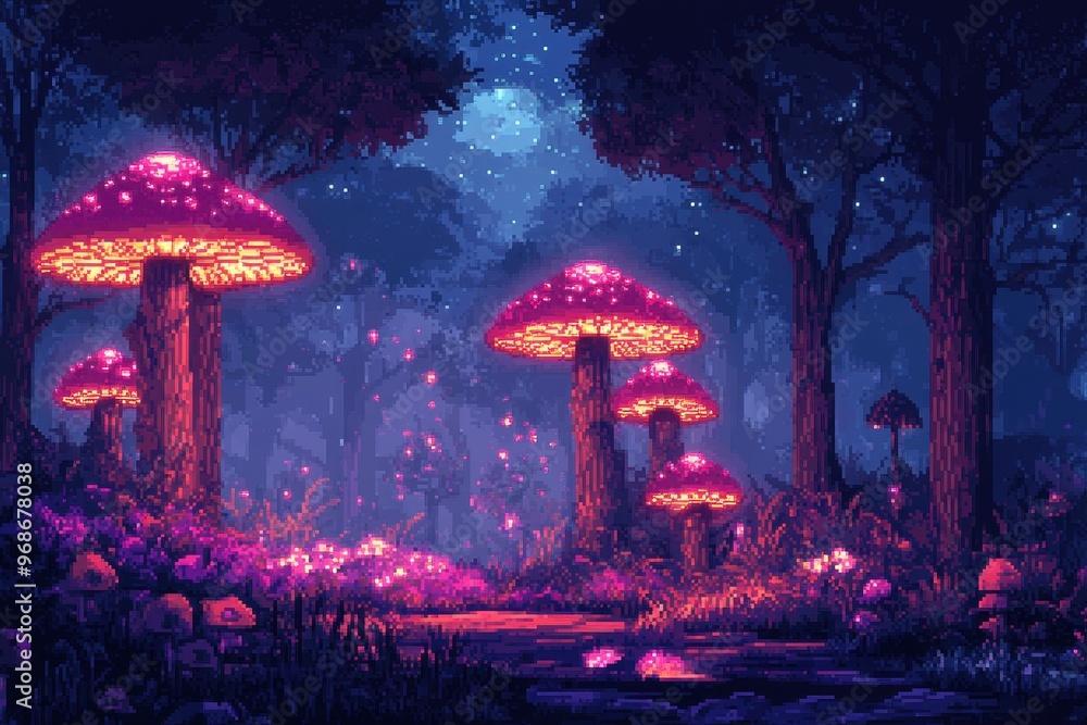 Retro RPG Enchanted Forest - 8-Bit Pixel Art Background with Glowing Mushrooms and Trees for Gaming Design Retro RPG Enchanted Forest - 8-Bit Pixel Art Background with Glowing Mushrooms and Trees for Gaming Design