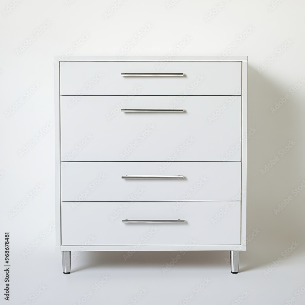 A modern white dresser with four drawers and sleek metal handles, ideal for storage. A modern white dresser with four drawers and sleek metal handles, ideal for storage.
