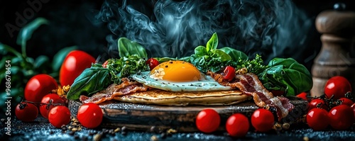 Sunnysideup eggs and crispy bacon with a stack of pancakes and toast, vibrant food photography, filling breakfast photo