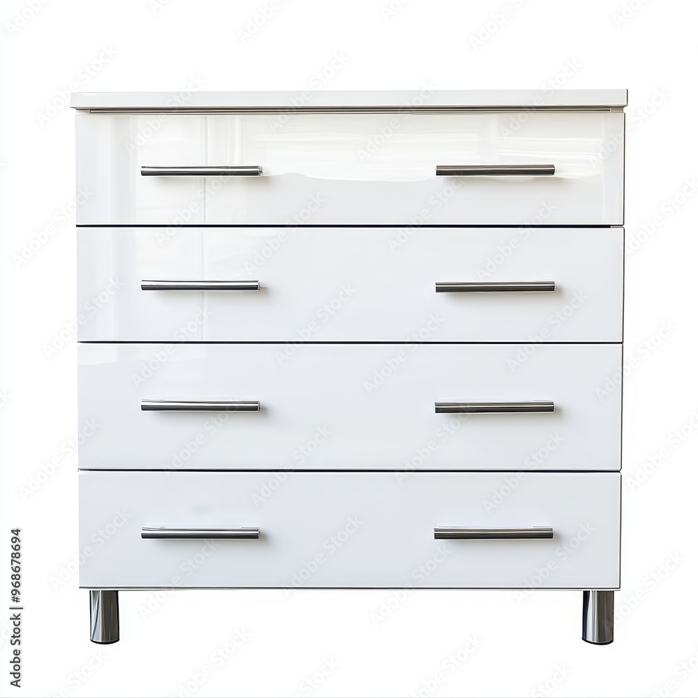 A modern white dresser with four drawers and sleek metal handles. A modern white dresser with four drawers and sleek metal handles.