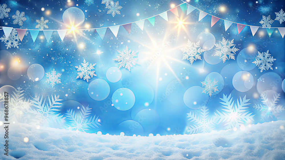 A serene winter setting showcases delicate snowflakes gently falling amidst vibrant festive decorations. Soft sparkling lights and a blue backdrop create a magical atmosphere perfect for celebrations A serene winter setting showcases delicate snowflakes gently falling amidst vibrant festive decorations. Soft sparkling lights and a blue backdrop create a magical atmosphere perfect for celebrations
