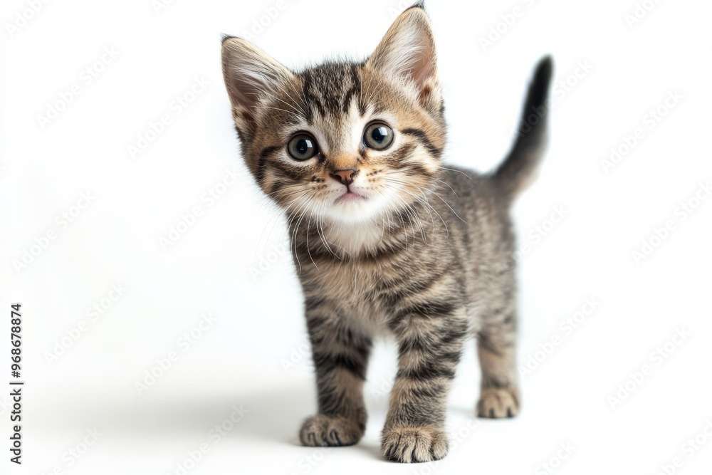 Tabby kitten standing and looking curious on white background, isolate, Tabby kitten standing and looking curious on white background, isolate,