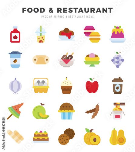 Set of 25 Food and Restaurant Flat Icons Pack.