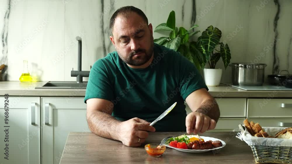 Man eats english breakfast at home Man eats english breakfast at home