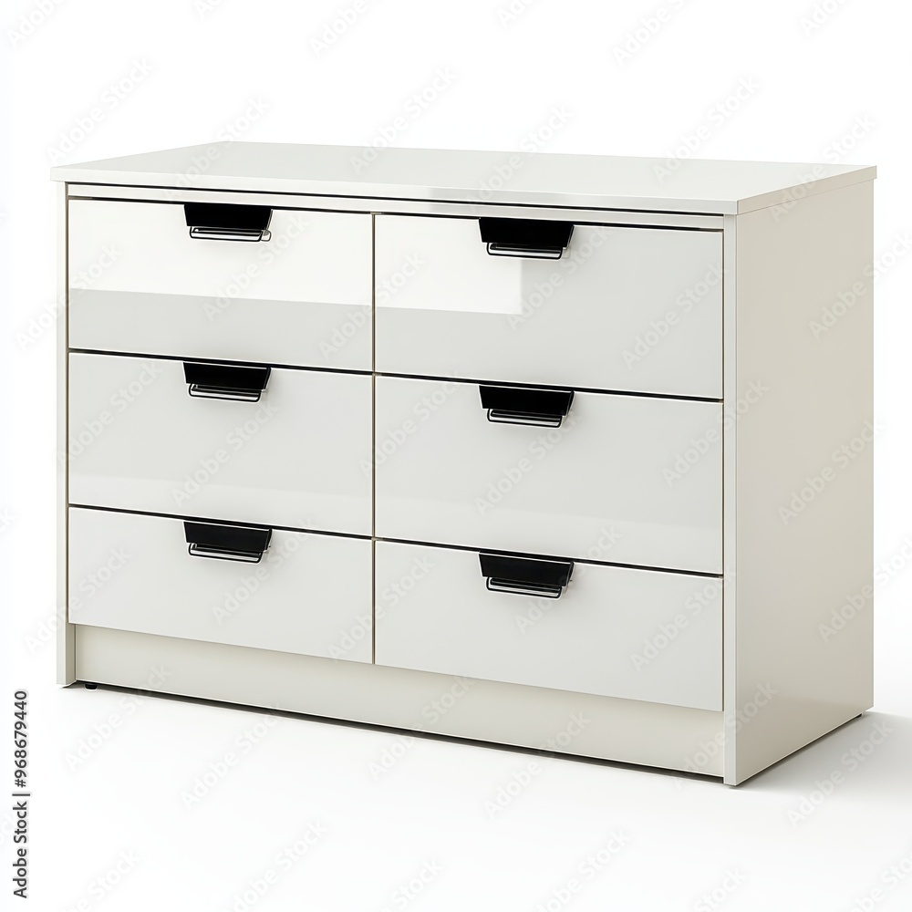 A modern white dresser with six drawers and sleek black handles for storage and organization. A modern white dresser with six drawers and sleek black handles for storage and organization.