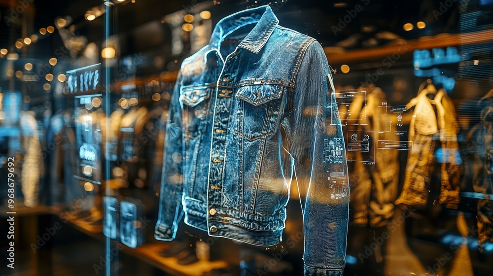 Fototapeta premium Denim Jacket Display in a Retail Store with Holographic Effect
