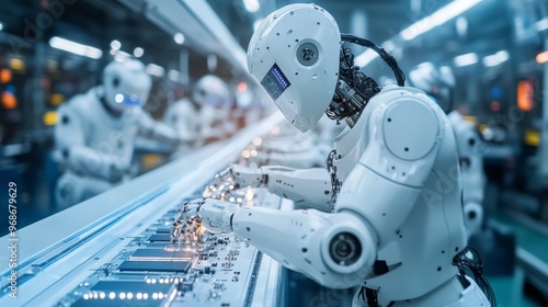 AI-controlled robotic arms in a high-tech manufacturing plant: Precision robots assembling electronics.