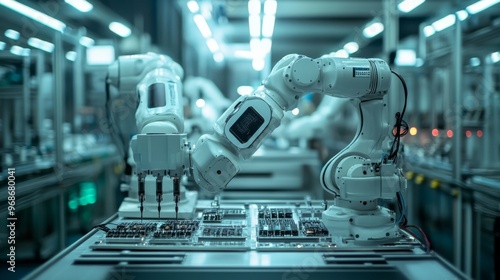 AI-controlled robotic arms in a high-tech manufacturing plant: Precision robots assembling electronics.