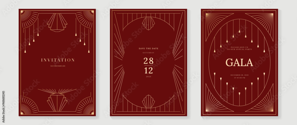 Luxury invitation card vector. Elegant art deco classic antique design, gold lines gradient, frame on red background. Premium design illustration for gala, grand opening, VIP cover, wedding. Luxury invitation card vector. Elegant art deco classic antique design, gold lines gradient, frame on red background. Premium design illustration for gala, grand opening, VIP cover, wedding.