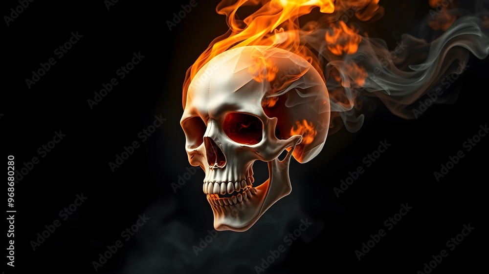 Digital Art of a Flaming Skull with Smoke on Black Background Digital Art of a Flaming Skull with Smoke on Black Background
