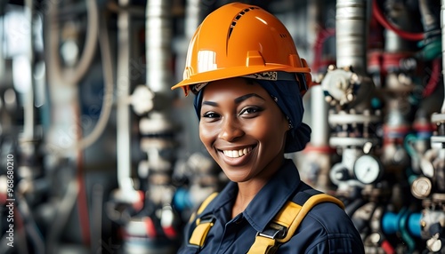 Confident African-American woman in uniform and helmet at a gas production facility, embodying professionalism and commitment to the energy industry