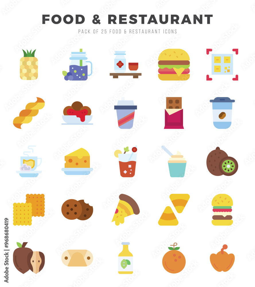 Food and Restaurant elements. Flat web icon set. Simple vector illustration. Food and Restaurant elements. Flat web icon set. Simple vector illustration.