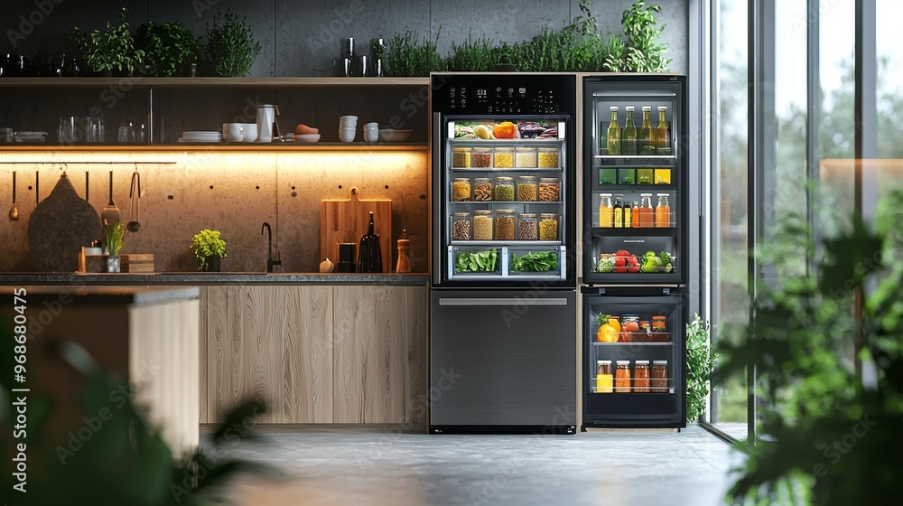 Modern Kitchen with Stainless Steel Refrigerator and Open Shelving Modern Kitchen with Stainless Steel Refrigerator and Open Shelving