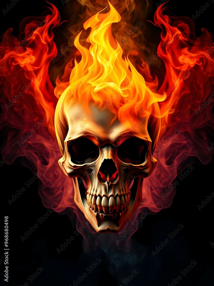 Digital Art of a Flaming Skull with Smoke on Black Background Digital Art of a Flaming Skull with Smoke on Black Background