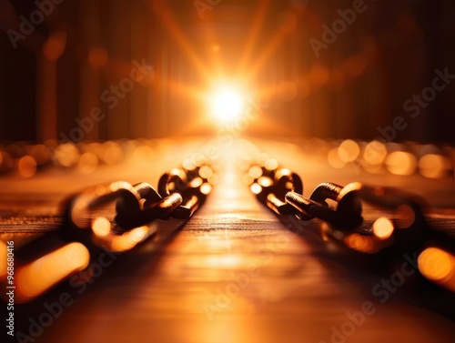 A close-up view of chains leading towards a bright light, symbolizing strength, connection, and hope. photo