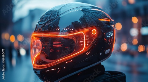 Futuristic Motorcycle Helmet with Neon Lights and City Reflections photo