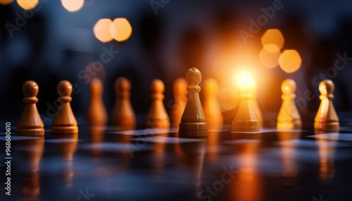 A close-up view of wooden chess pawns on a dark board illuminated by a warm light, symbolizing strategy and competition.