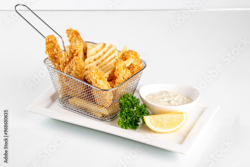 Crispy fried chicken tenders and crinkle-cut fries served with dipping sauce, parsley, and a lemon wedge on a white plate. photo