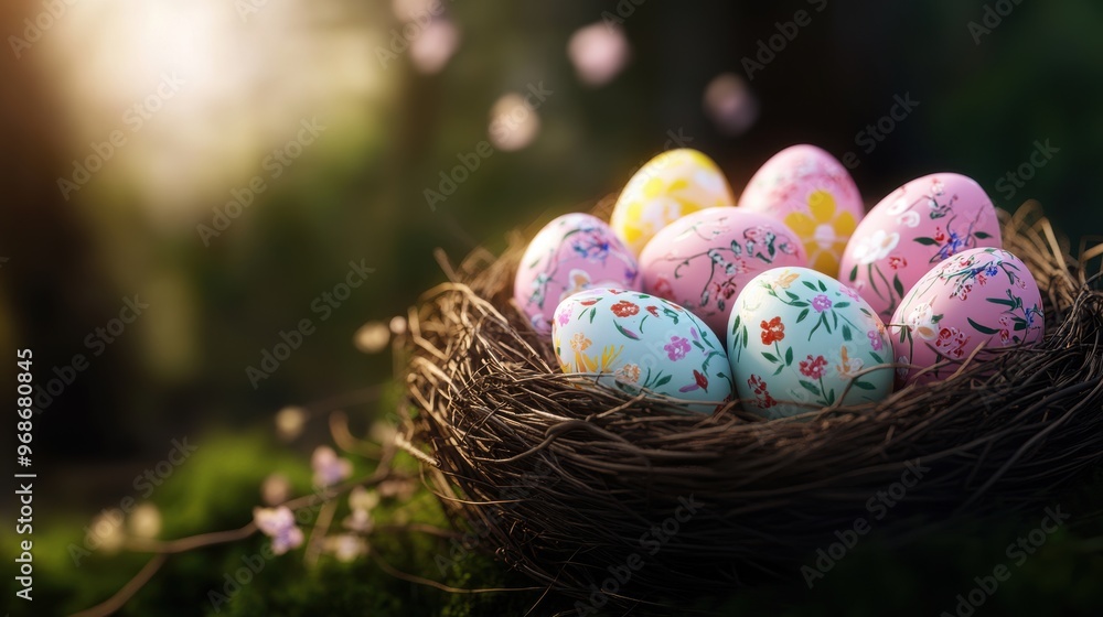 A nest filled with colorful Easter eggs, each intricately hand-painted with floral designs, is softly illuminated by sunlight. A nest filled with colorful Easter eggs, each intricately hand-painted with floral designs, is softly illuminated by sunlight.
