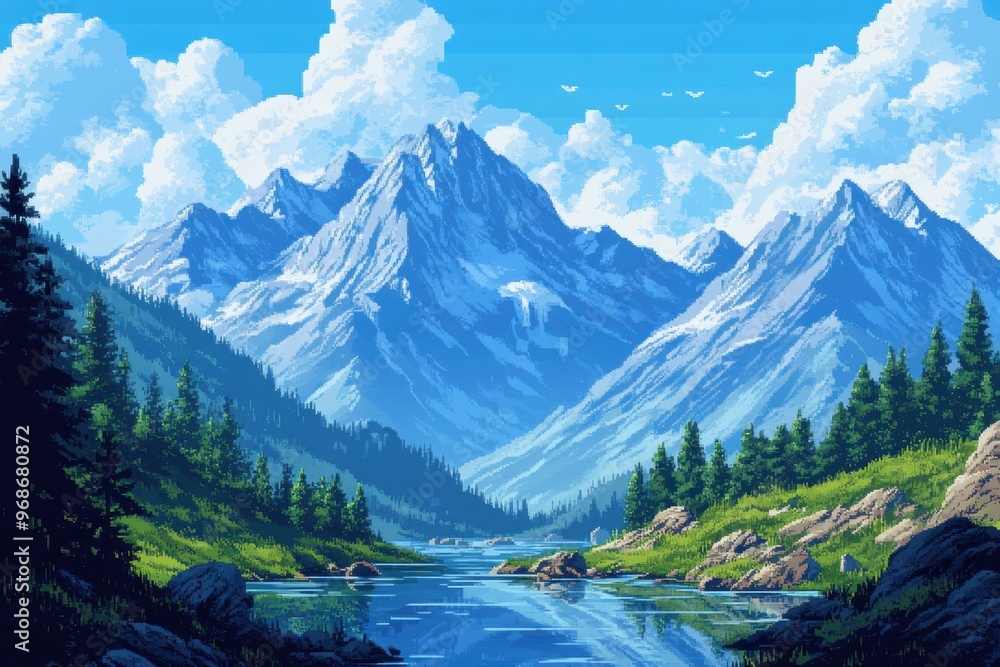 Retro 8-Bit Pixel Mountainscape with River – RPG Exploration Scene in Classic Game Design Retro 8-Bit Pixel Mountainscape with River – RPG Exploration Scene in Classic Game Design
