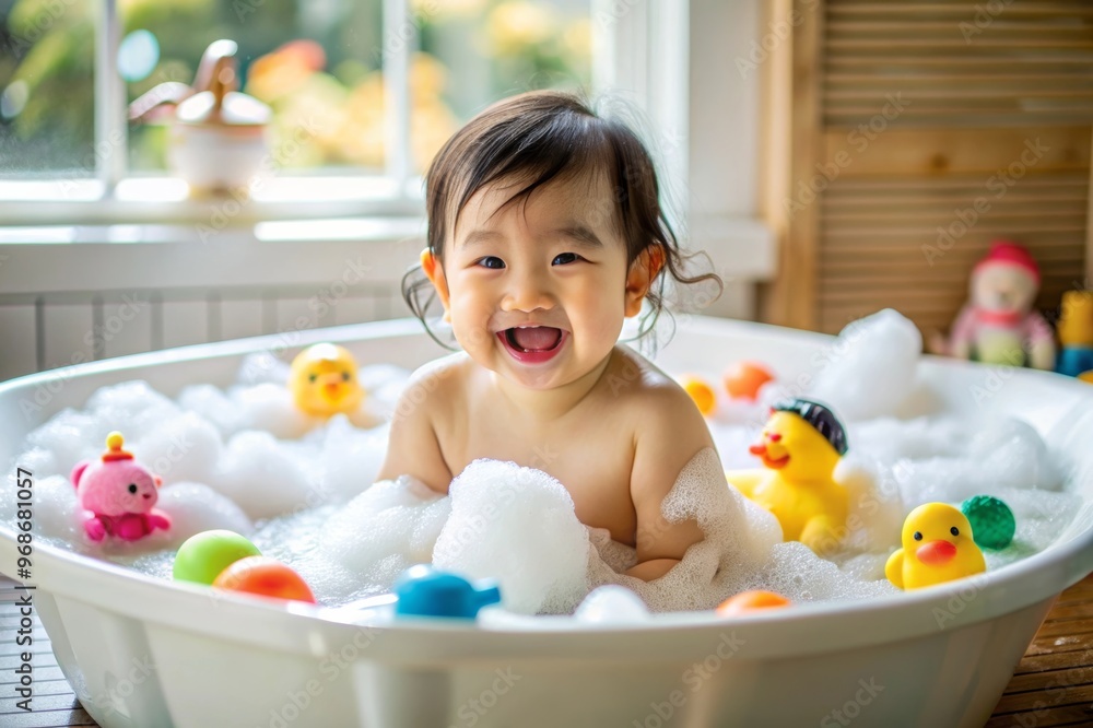 A baby Asian girl playing in a bathtub with her rubber duck and a sponge A baby Asian girl playing in a bathtub with her rubber duck and a sponge