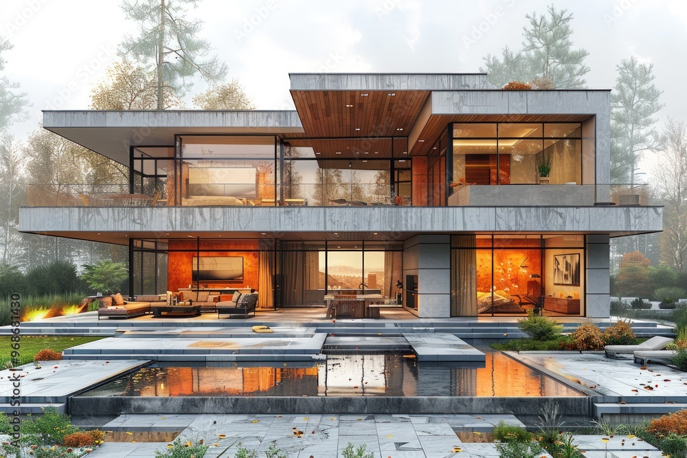 Modern home with a pool and patio in a wooded setting. Modern home with a pool and patio in a wooded setting.