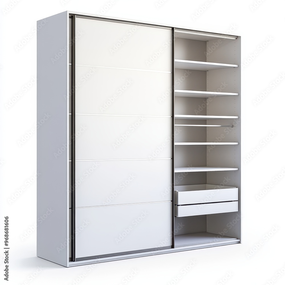 A modern white wardrobe with sliding doors and shelves for storage. A modern white wardrobe with sliding doors and shelves for storage.