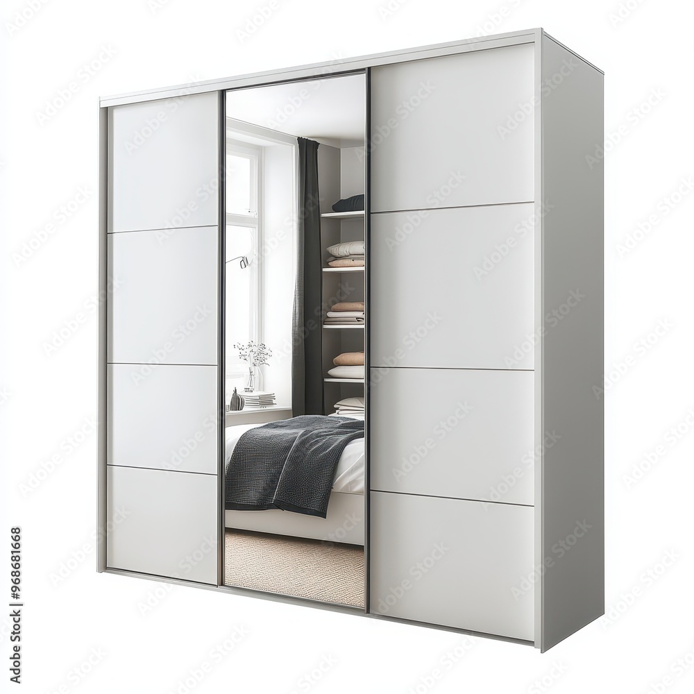 A modern white wardrobe with sliding mirrors and shelves, ideal for bedroom storage. A modern white wardrobe with sliding mirrors and shelves, ideal for bedroom storage.