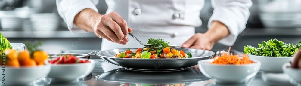 A chef meticulously plating a colorful dish in a professional kitchen, showcasing culinary artistry and fresh ingredients. A chef meticulously plating a colorful dish in a professional kitchen, showcasing culinary artistry and fresh ingredients.