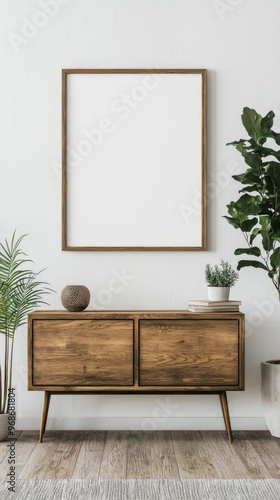 Minimalist living room with wooden sideboard and blank frame. Wall art mockup