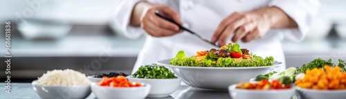 Wallpaper Mural A chef preparing a colorful salad with fresh ingredients, showcasing culinary skills in a modern kitchen setting. Torontodigital.ca