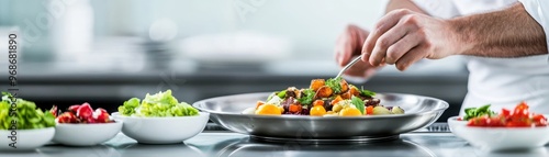 Wallpaper Mural A chef skillfully preparing a colorful salad with fresh ingredients in a modern kitchen setting. Torontodigital.ca