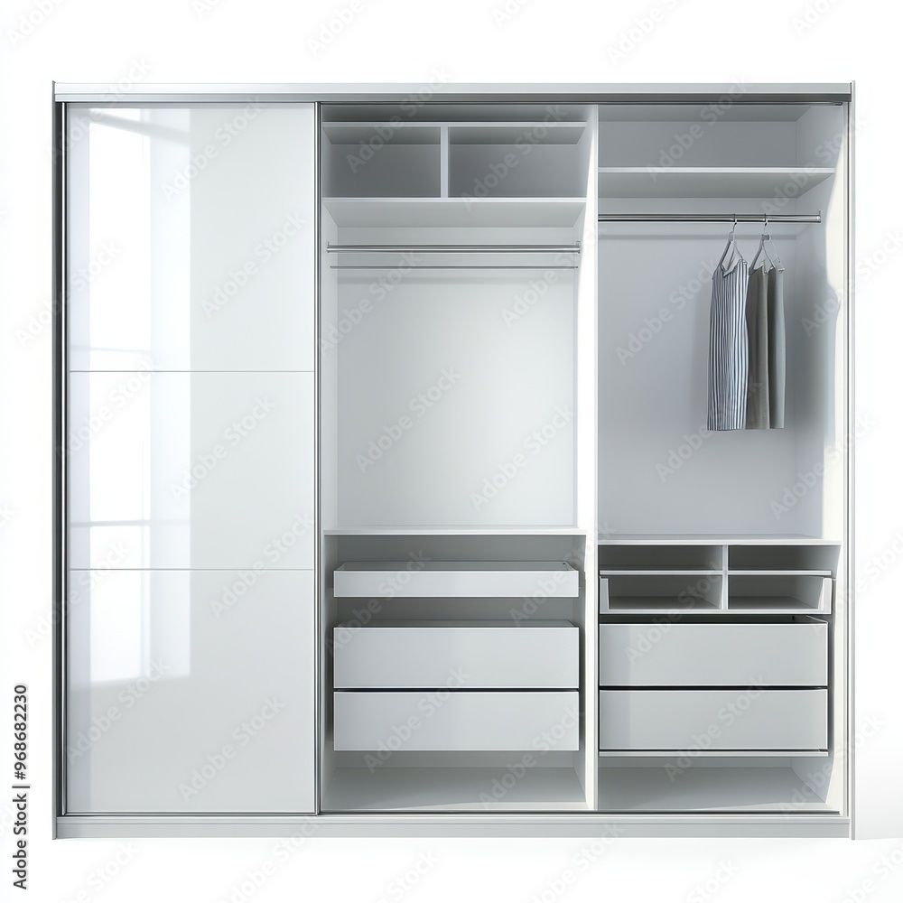 A modern white wardrobe with various storage sections for organization. A modern white wardrobe with various storage sections for organization.