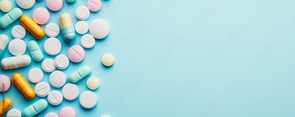 Multicolored pharmaceutical pills and supplements on pastel blue, medical treatment and drug therapy representation, simple and clean layout Multicolored pharmaceutical pills and supplements on pastel blue, medical treatment and drug therapy representation, simple and clean layout