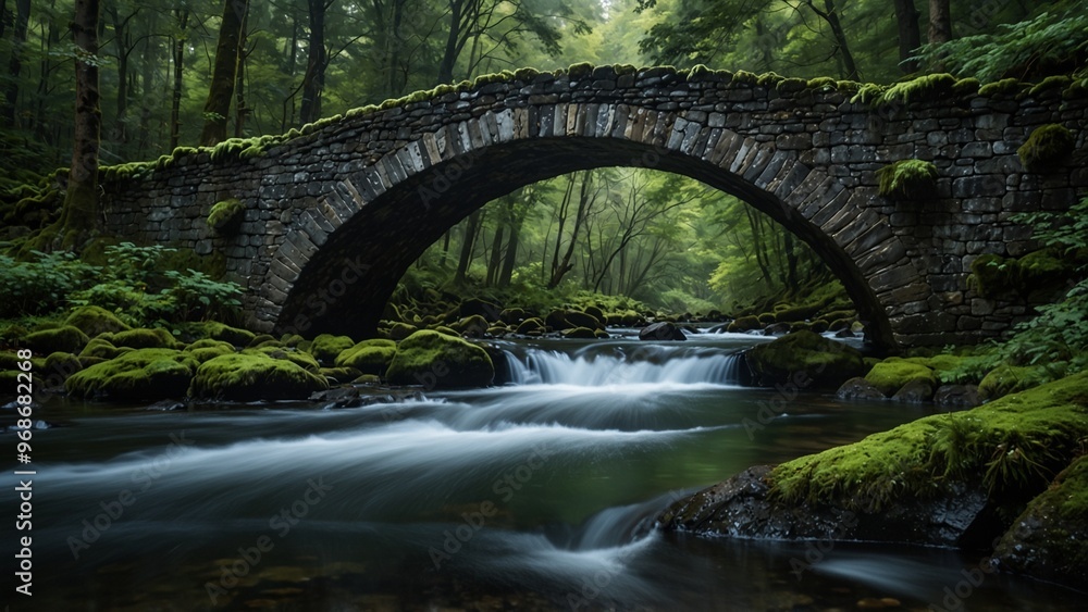 An ancient stone arch bridge covered in glowing moss, with rushing waters beneath, set against a gloomy forest backdrop. An ancient stone arch bridge covered in glowing moss, with rushing waters beneath, set against a gloomy forest backdrop.
