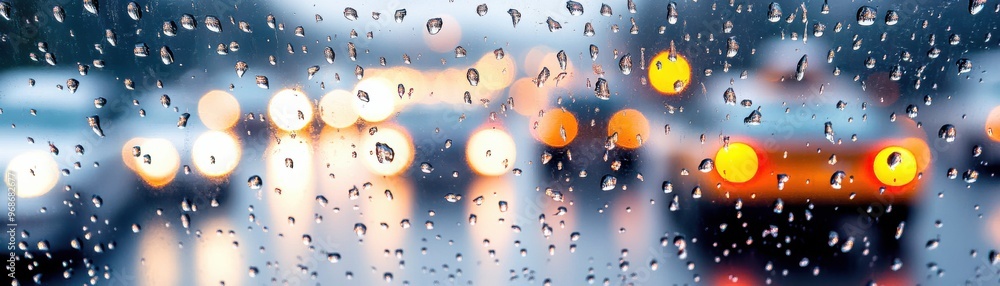Fototapeta premium A close-up view of raindrops on a car window, blurring vibrant lights and creating a cozy, atmospheric scene.