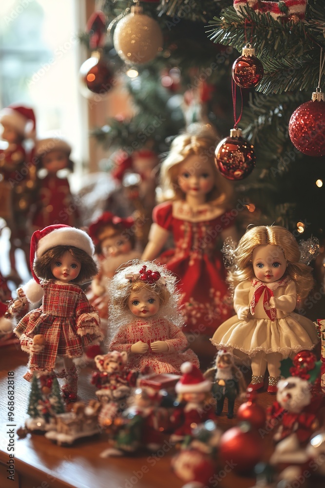 Dolls dressed in festive attire under Christmas tree Dolls dressed in festive attire under Christmas tree