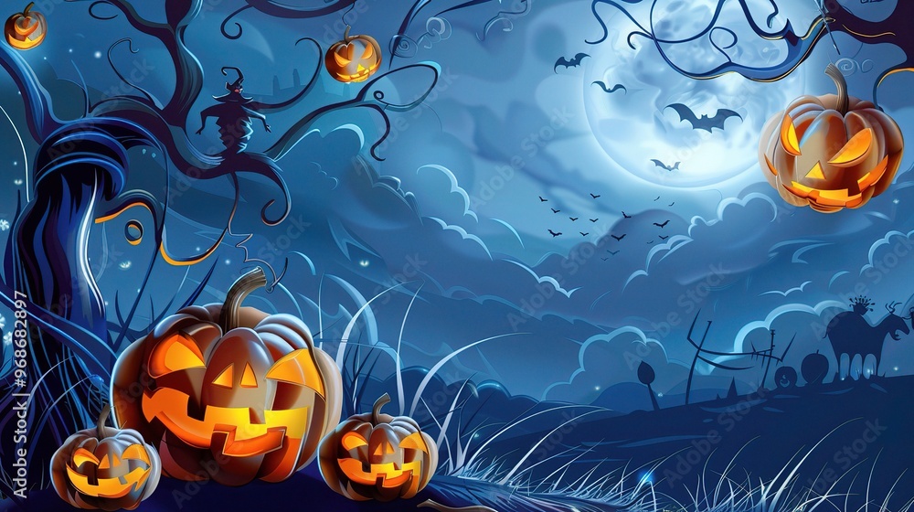 A spooky Halloween scene with a prominent pumpkin lantern in the background. The pumpkin lantern has a carved face with a menacing expression A spooky Halloween scene with a prominent pumpkin lantern in the background. The pumpkin lantern has a carved face with a menacing expression