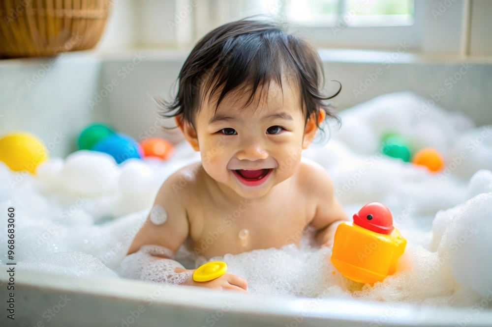 A baby Asian boy playing in a bathtub with her rubber duck and a sponge A baby Asian boy playing in a bathtub with her rubber duck and a sponge