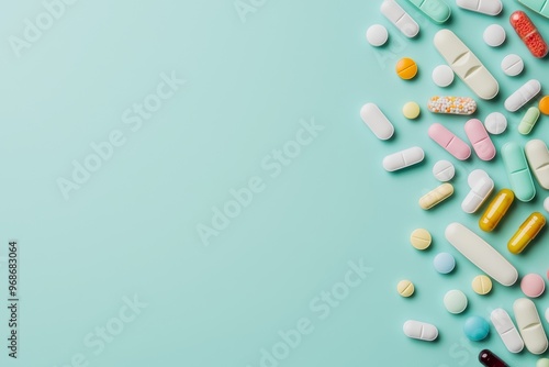 Variety of capsules and tablets scattered, vibrant colors on a clean surface, modern healthcare and medication concept photo